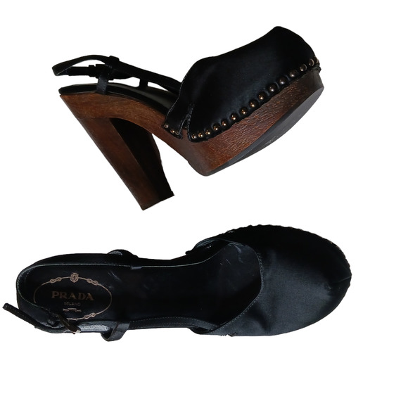 PRADA Wood Heels Black Satin Platform Closed Toe Bronze Studs Size 38.5 - Picture 10 of 14